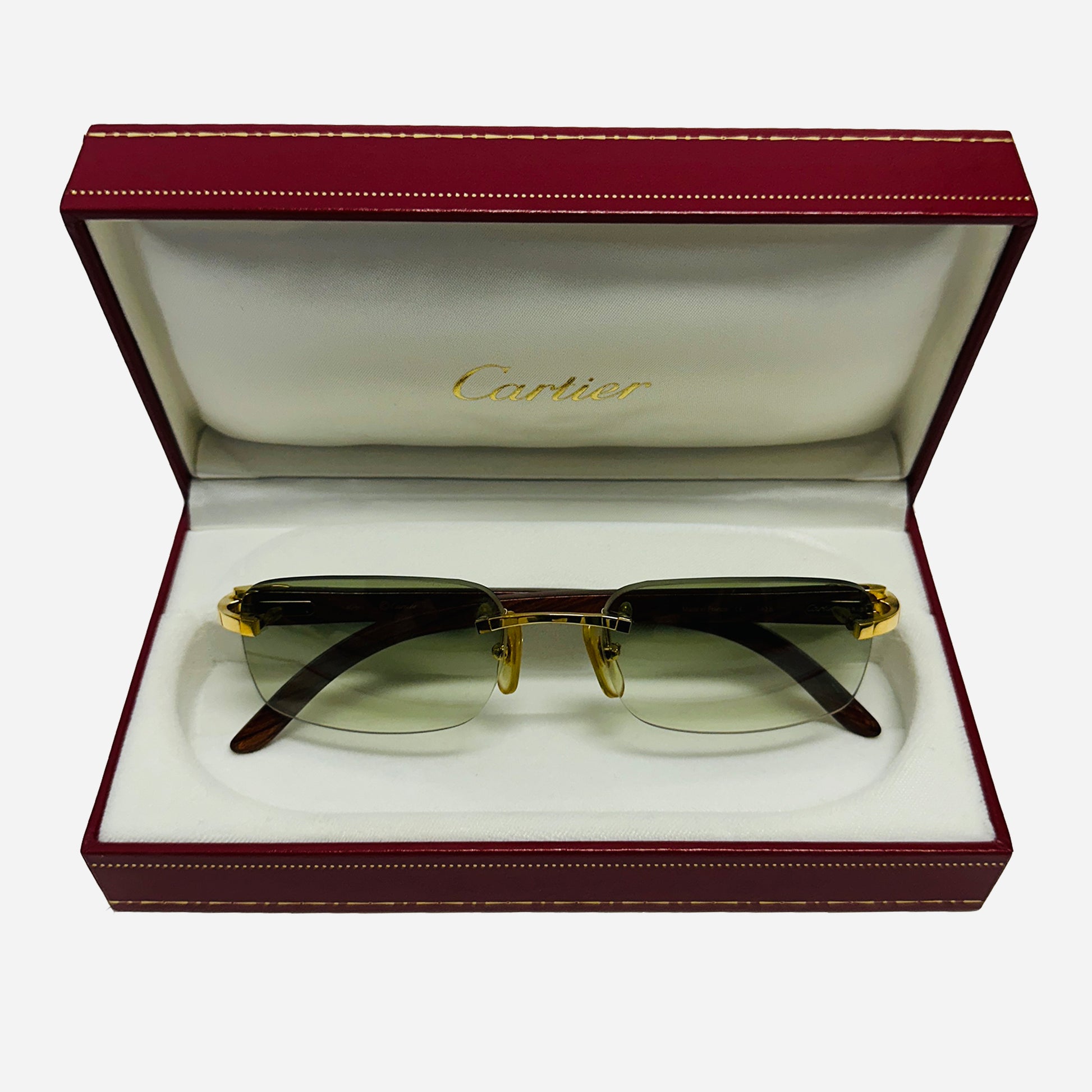 Vintage-Cartier-C-Decor-Bubinga-Wood-Rimless-Rahmenlose-Sonnenbrille-the-seekers-sunglasses-box-front