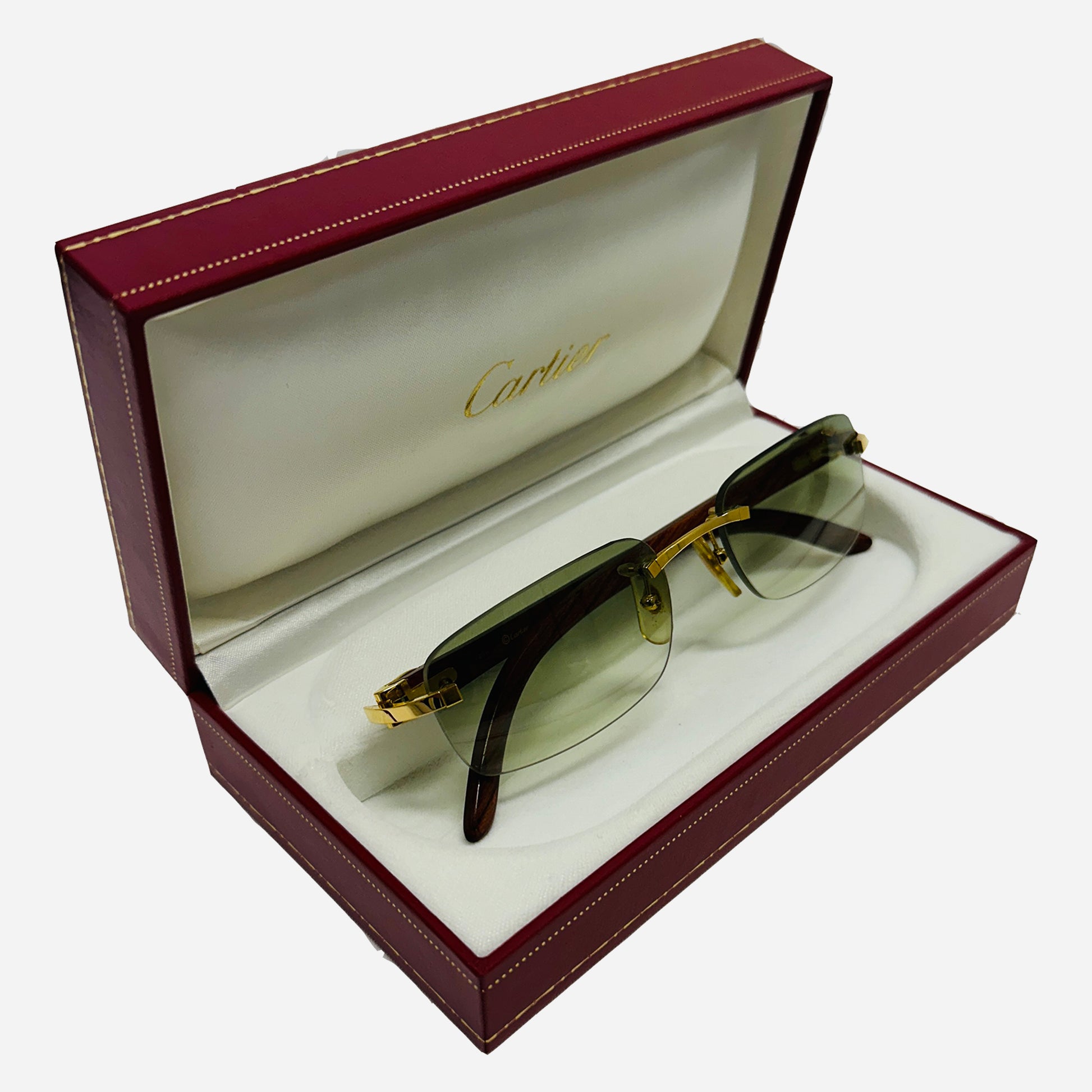 Vintage-Cartier-C-Decor-Bubinga-Wood-Rimless-Rahmenlose-Sonnenbrille-the-seekers-sunglasses-box-side