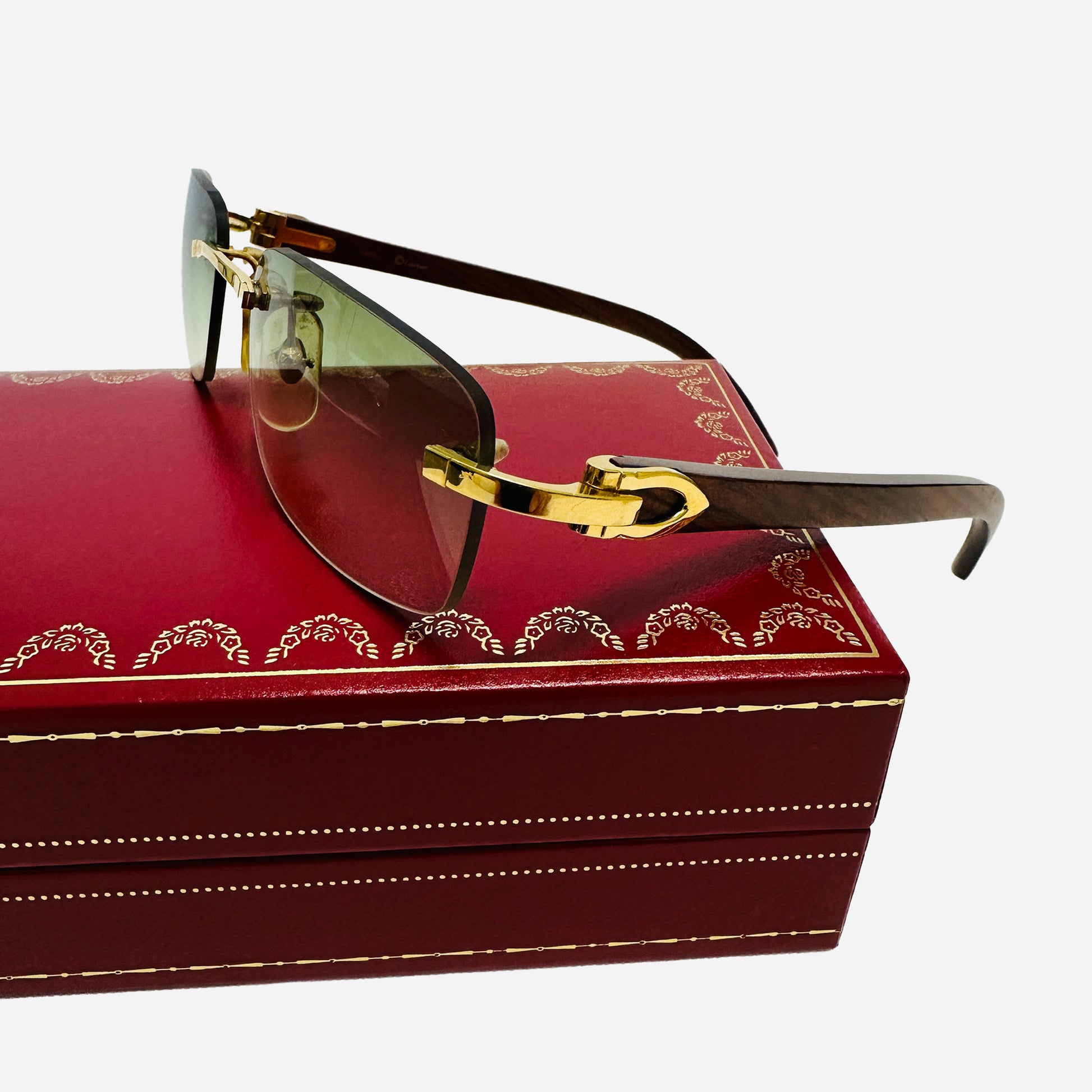 Vintage-Cartier-C-Decor-Bubinga-Wood-Rimless-Rahmenlose-Sonnenbrille-the-seekers-sunglasses-front-box
