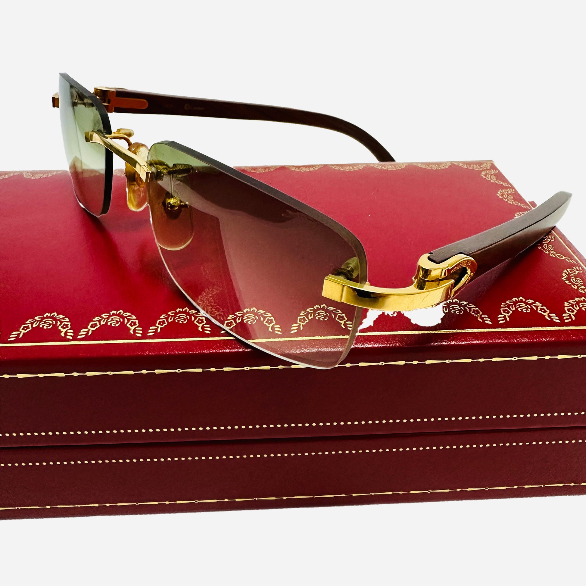 Vintage-Cartier-C-Decor-Bubinga-Wood-Rimless-Rahmenlose-Sonnenbrille-the-seekers-sunglasses-front-side-box